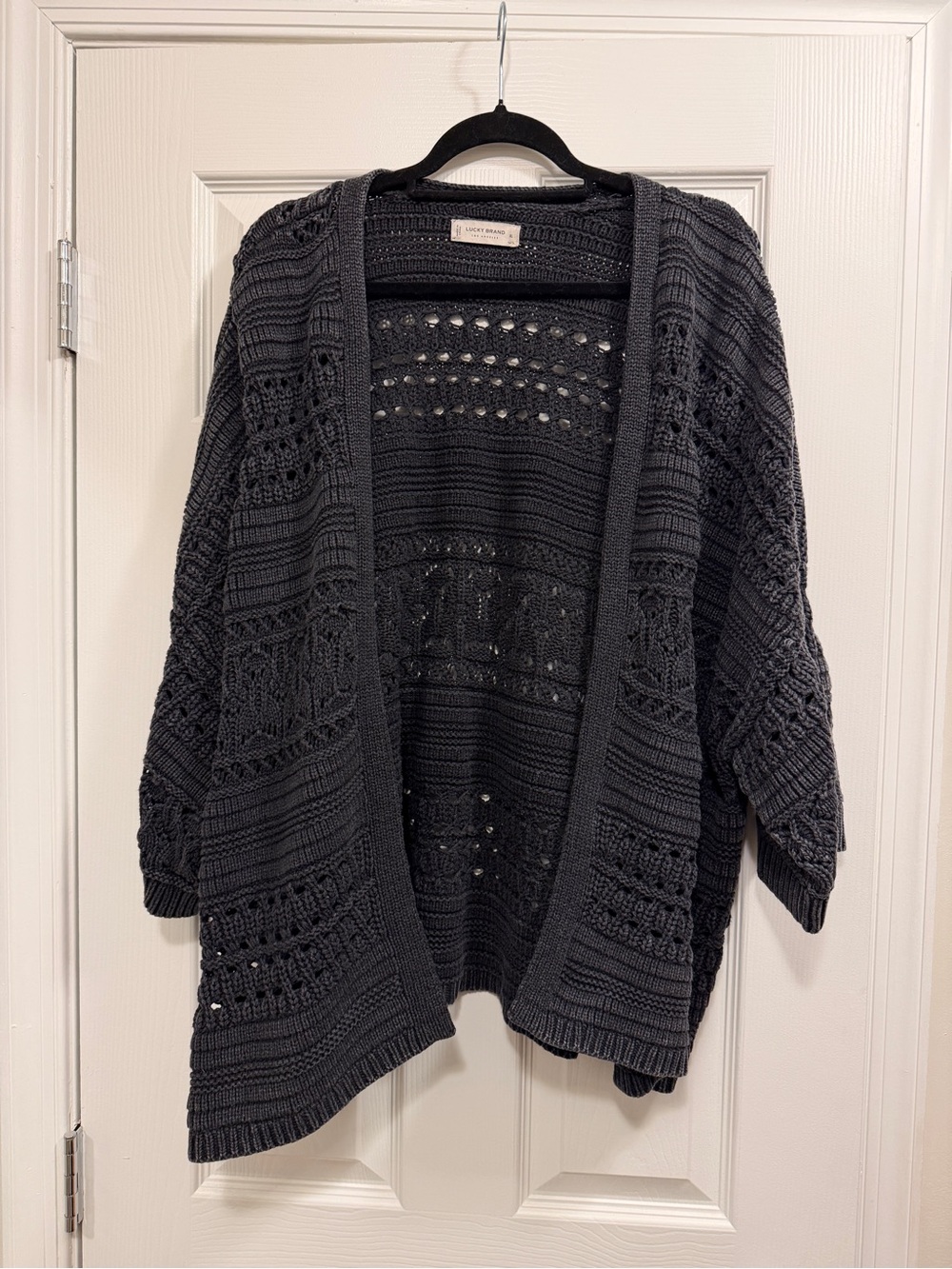Lucky Brand Open-Front Black Crochet Knit Cardigan